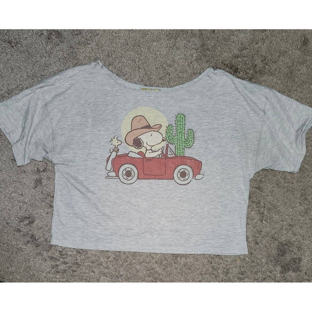 Aeropostale Peanuts Snoopy Cowboy Graphic Crop Top T-Shirt Grey Small